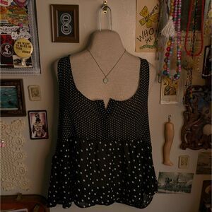 Polka Dot Print Henley Tank Top Women's Large Black White Sheer Babydoll